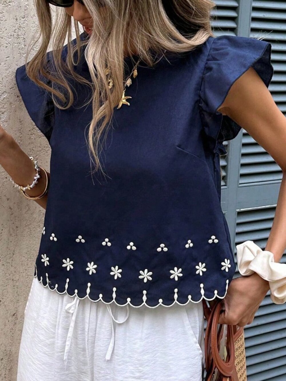 Multicolor Casual Women's Floral Embroidered Ruffle Hem Boho Sleeve Blouse - Picture 5 of 7